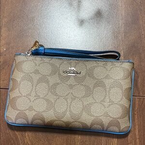 Coach Signature Tan Wristlet with Blue Trim